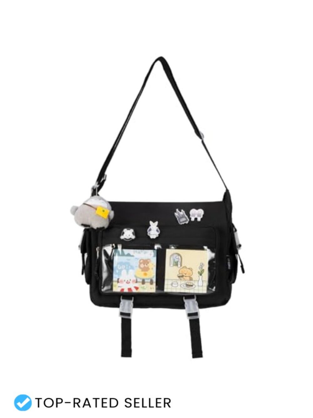 Kawaii Crossbody Messenger Bag with Clear Display Window, Pin & Plush Penguin